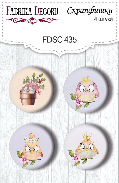 Set mit 4 Flair-Knöpfen für Scrapbooking Cutie Sparrow Girl #435 - Fabrika Decoru