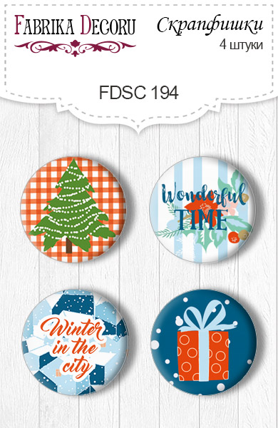 4er Set Flair Buttons zum Scrapbooking „Winter in the city 2“ EN #194 - Fabrika Decoru