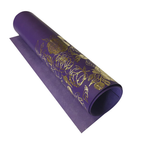 Stück PU-Leder zum Buchbinden mit Goldmuster Golden Peony Passion, Farbe Violett, 50 cm x 25 cm - Fabrika Decoru