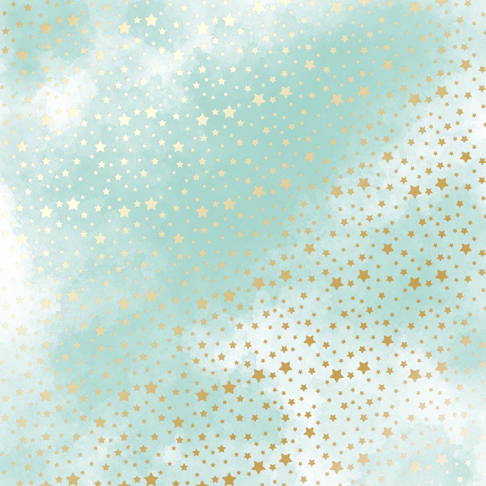 Blatt aus einseitigem Papier mit Goldfolienprägung, Muster Goldene Sterne, Farbe Mint-Aquarell, 12"x12" - Fabrika Decoru