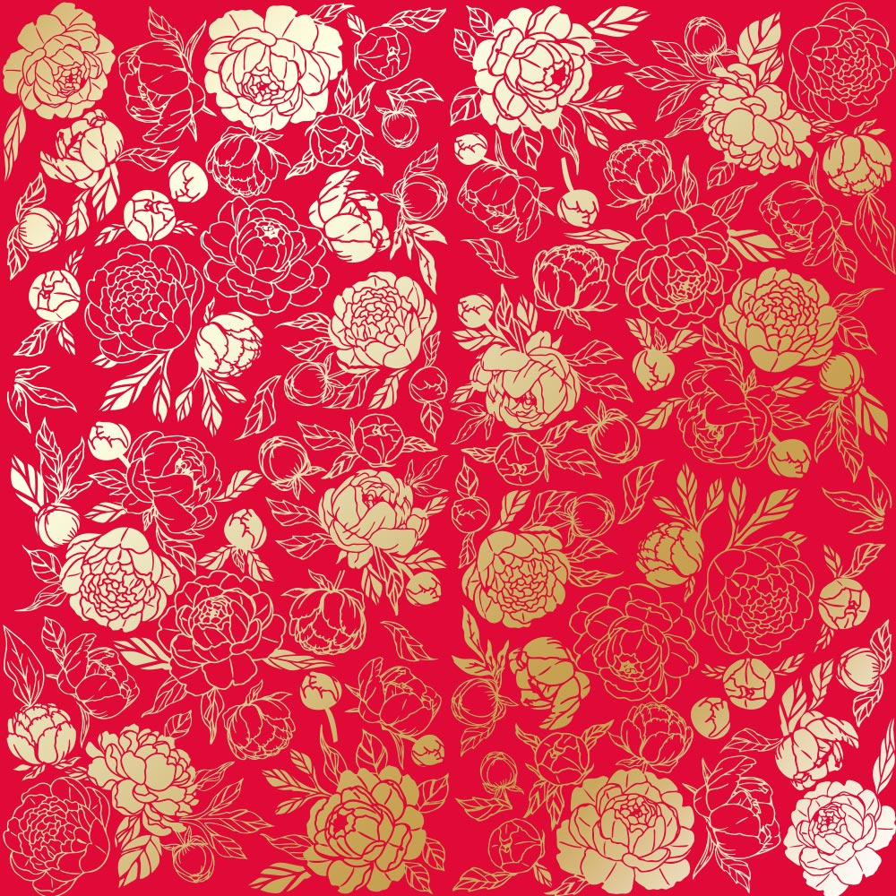 Sheet of single-sided paper with gold foil embossing, pattern "Golden Peony Passion Poppy red"