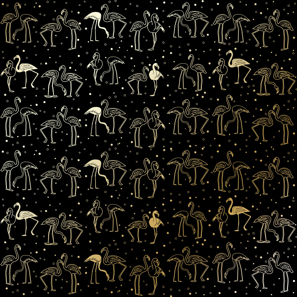 Sheet of single-sided paper with gold foil embossing, pattern Golden Flamingo Black, 12"x12"