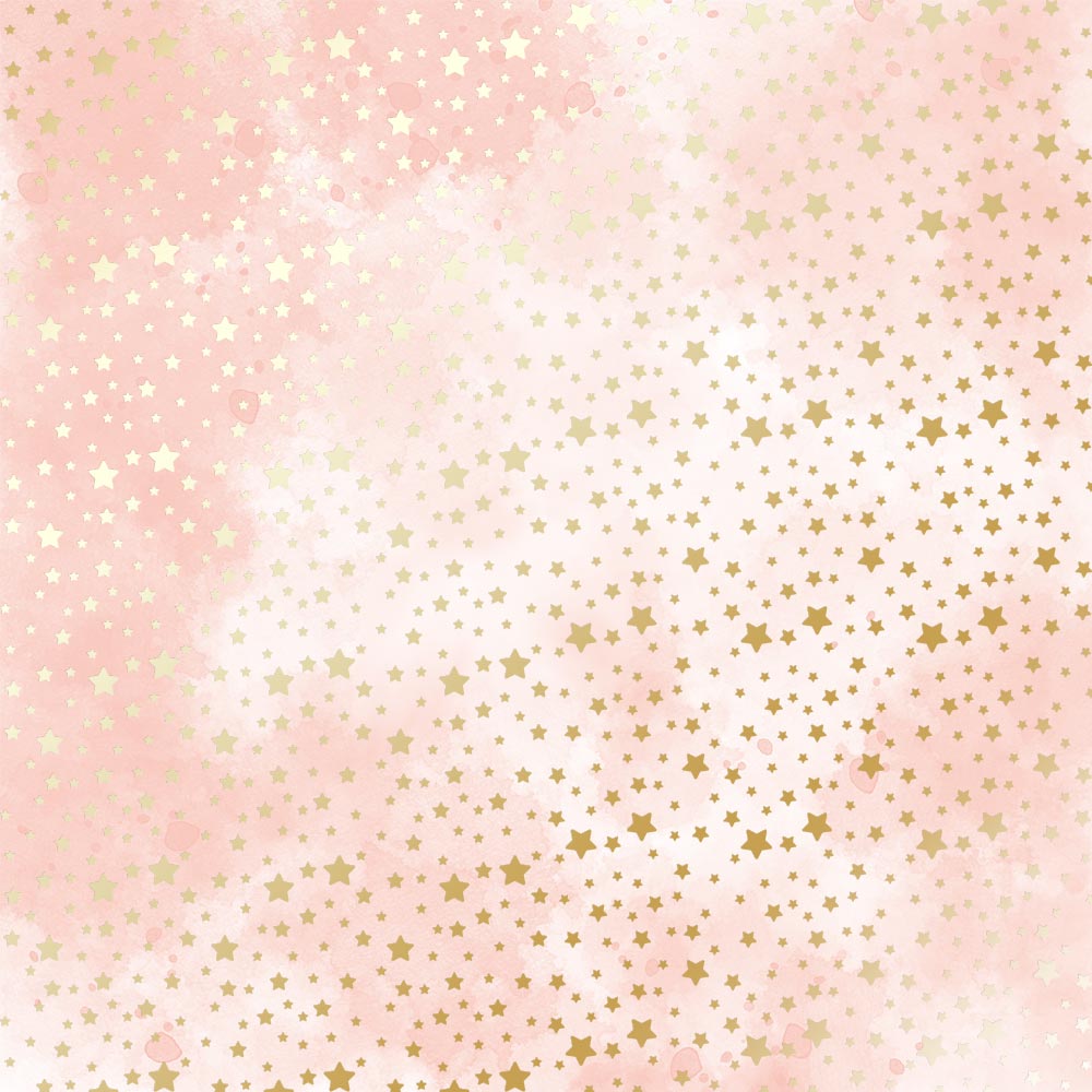 Sheet of single-sided paper with gold foil embossing, pattern Golden stars, Vintage pink watercolor, 12"x12"