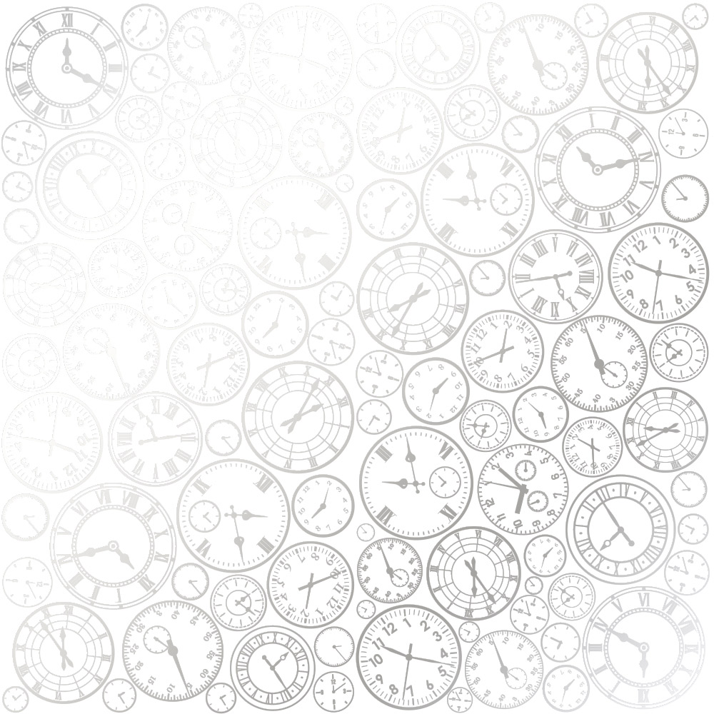 Einseitig bedrucktes Blatt Papier mit Silberfolie, Muster Silver Clocks White 12"x12" - Fabrika Decoru