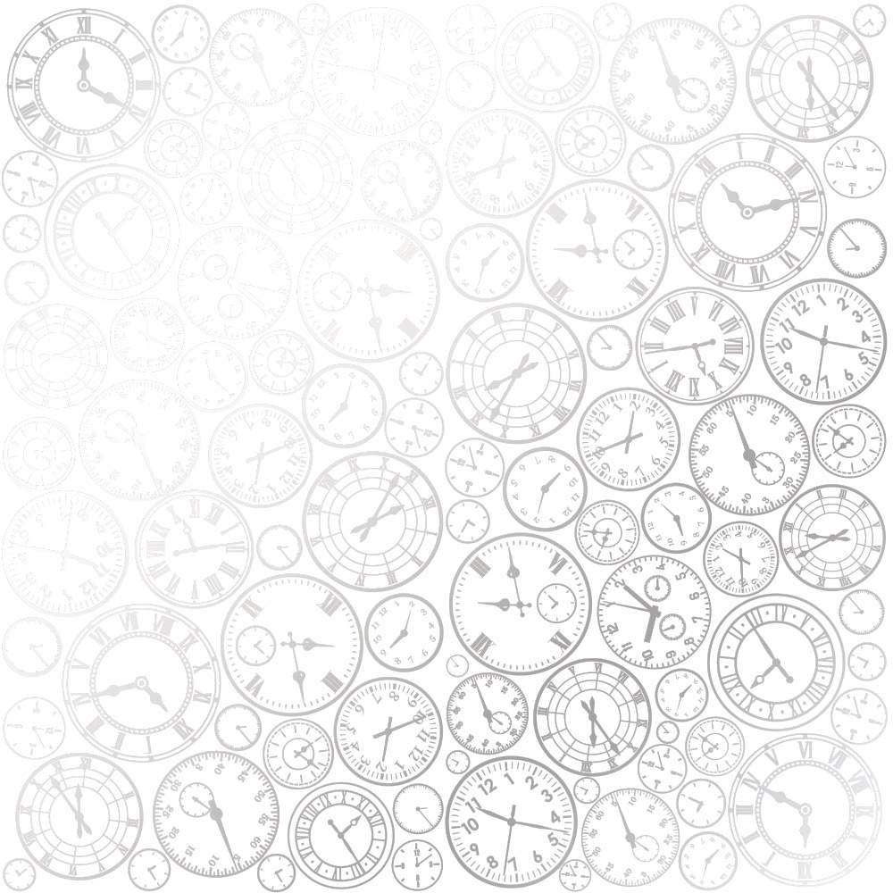 Sheet of single-sided paper embossed with silver foil, pattern Silver Clocks White 12"x12" 