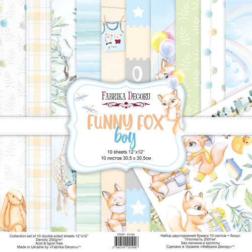 Double-sided scrapbooking paper set Funny fox boy 12"x12", 10 sheets