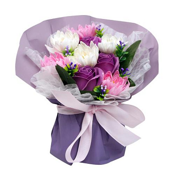 Bouquet of white and purple chrysanthemums with roses “Surprise”