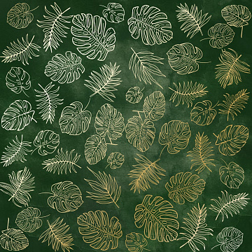 Sheet of single-sided paper with gold foil embossing, pattern Golden Tropical Leaves, color Dark green aquarelle, 12"x12"
