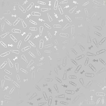Einseitig bedrucktes Blatt Papier mit Silberfolie, Muster Silber Reißnägel und Büroklammern, Farbe Grau 12"x12"