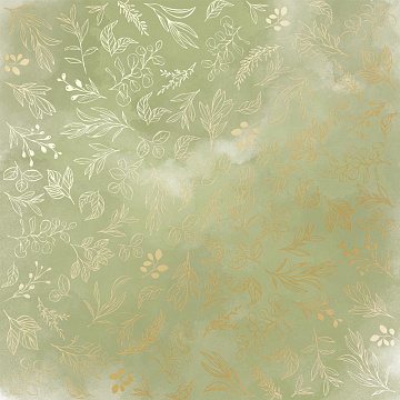 Sheet of single-sided paper with gold foil embossing, pattern Golden Branches, color Olive watercolor,