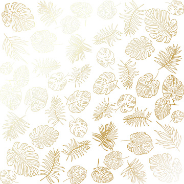 Sheet of single-sided paper with gold foil embossing, pattern Golden Tropical Leaves White, 12"x12"