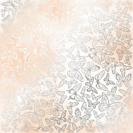 Sheet of single-sided paper embossed with silver foil, pattern Silver Butterflies, color Beige watercolor 12"x12" 