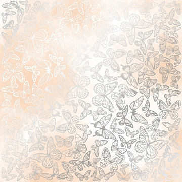 Sheet of single-sided paper embossed with silver foil, pattern Silver Butterflies, color Beige watercolor 12"x12" 