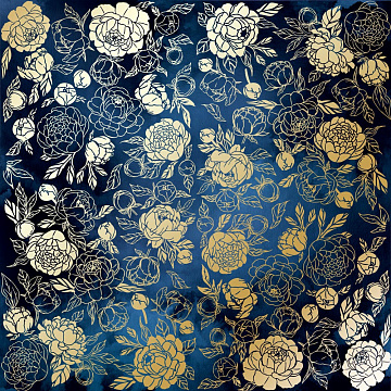 Sheet of single-sided paper with gold foil embossing, pattern "Golden Peony Passion Night garden"