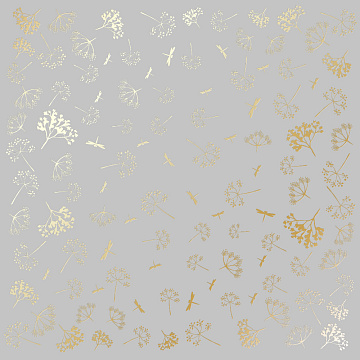 Sheet of single-sided paper with gold foil embossing, pattern Golden Dill Gray, 12"x12"