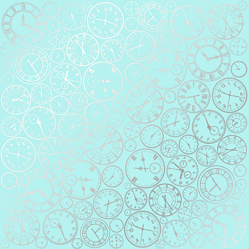 Sheet of single-sided paper embossed with silver foil, pattern Silver Clocks Turquoise 12"x12" 