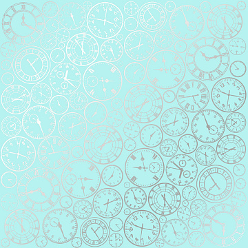 Sheet of single-sided paper embossed with silver foil, pattern Silver Clocks Turquoise 12"x12" 