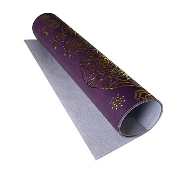 Piece of PU leather with gold stamping, pattern Golden Napkins Violet, 50cm x 25cm