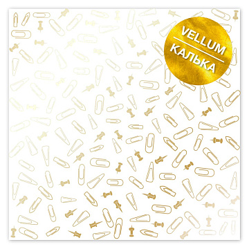 Gold foil vellum sheet, pattern Golden Drawing pins and paperclips 12"x12"