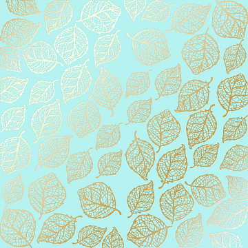 Sheet of single-sided paper with gold foil embossing, pattern Golden Delicate Leaves Turquoise, 12"x12"