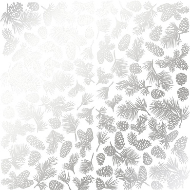 лист односторонней бумаги с серебряным тиснением, дизайн silver pine cones white, 30,5см х 30,5см