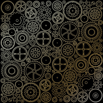 Sheet of single-sided paper with gold foil embossing, pattern Golden Gears Black, 12"x12" 