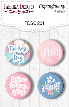Set mit 4 Flair-Buttons zum Scrapbooking „Believe in Miracle“ EN #201