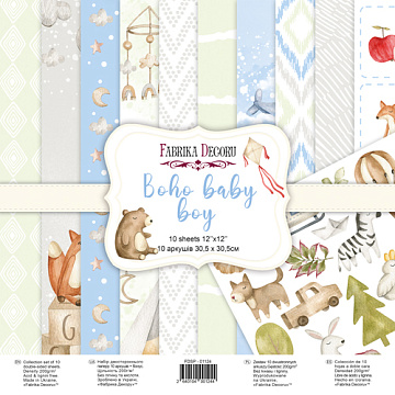 Double-sided scrapbooking paper set Boho baby boy  12"x12", 10 sheets