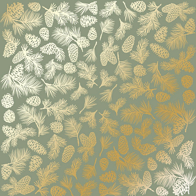 лист односторонней бумаги с фольгированием, дизайн golden pine cones olive, 30,5см х 30,5см