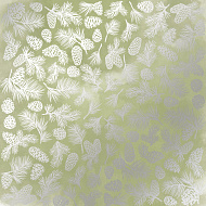 Sheet of single-sided paper embossed with silver foil, pattern Silver Pine cones Olive watercolor 12"x12" 