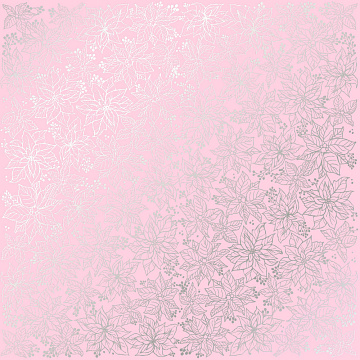 Sheet of single-sided paper embossed with silver foil, pattern Silver Poinsettia Pink 12"x12"