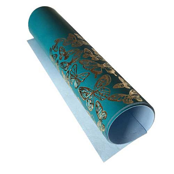 Piece of PU leather with gold stamping, pattern Golden Butterflies Turquoise, 50cm x 25cm