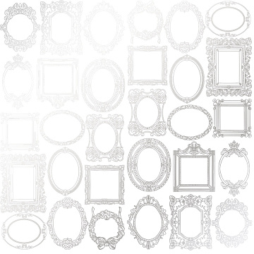 Sheet of single-sided paper embossed with silver foil, pattern Silver Frames White 12"x12" 