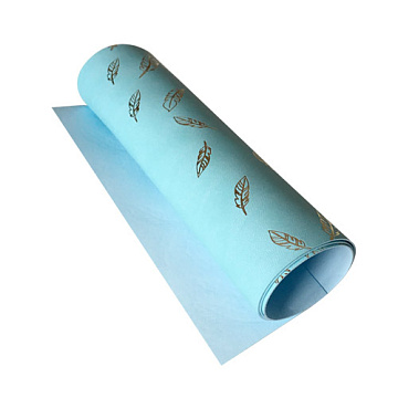 Piece of PU leather for bookbinding with gold pattern Golden Feather Blue, 50cm x 25cm