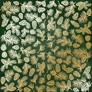 Sheet of single-sided paper with gold foil embossing, pattern "Golden Pine cones Dark green aquarelle"