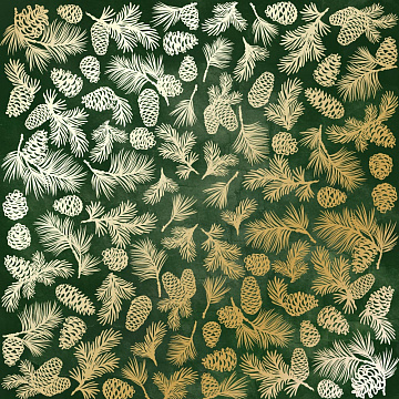 Sheet of single-sided paper with gold foil embossing, pattern "Golden Pine cones Dark green aquarelle"