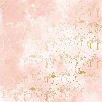 Sheet of single-sided paper with gold foil embossing, pattern Golden Flamingo, color Vintage pink watercolor, 12"x12"
