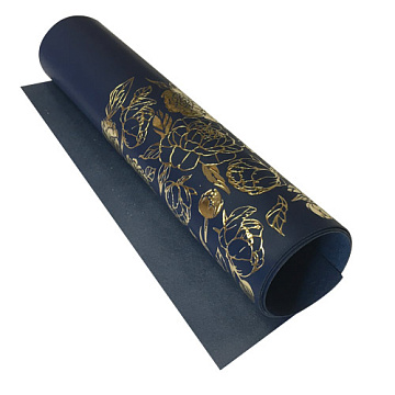 Piece of PU leather for bookbinding with gold pattern Golden Peony Passion, color Dark blue, 50cm x 25cm