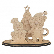plywood blank #420 "tiger cub and snowman under the christmas tree"