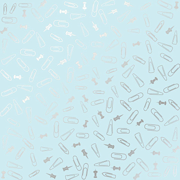 Einseitig bedrucktes Blatt Papier mit Silberfolie, Muster Silber Reißnägel und Büroklammern, Farbe Blau 12"x12"