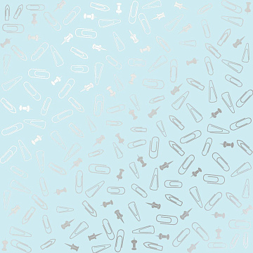 Sheet of single-sided paper embossed with silver foil, pattern Silver Drawing pins and paperclips, color Blue 12"x12" 