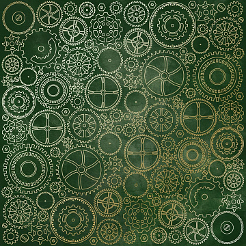 Sheet of single-sided paper with gold foil embossing, pattern Golden Gears, color Dark green aquarelle, 12"x12" 