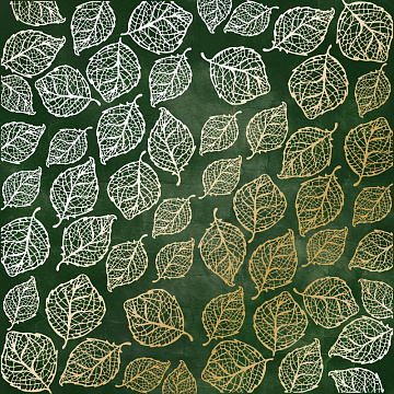 Sheet of single-sided paper with gold foil embossing, pattern Golden Delicate Leaves, color Dark green aquarelle, 12"x12"