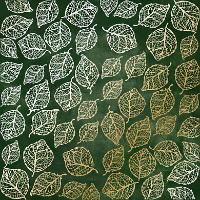 лист односторонней бумаги с фольгированием, дизайн golden delicate leaves, color dark green aquarelle, 30,5см х 30,5см