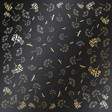 Sheet of single-sided paper with gold foil embossing, pattern Golden Dill Black, 12"x12"