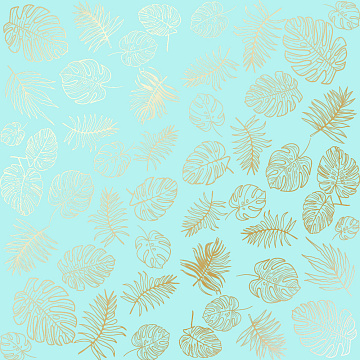 Sheet of single-sided paper with gold foil embossing, pattern Golden Tropical Leaves Turquoise, 12"x12"