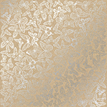 Sheet of single-sided paper embossed with silver foil, pattern Silver Butterflies Kraft 12"x12" 