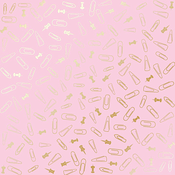 Sheet of single-sided paper with gold foil embossing, pattern Golden Drawing pins and paperclips, color Pink