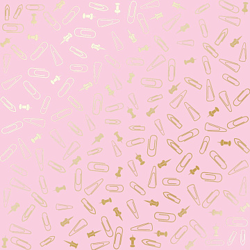 Sheet of single-sided paper with gold foil embossing, pattern Golden Drawing pins and paperclips, color Pink