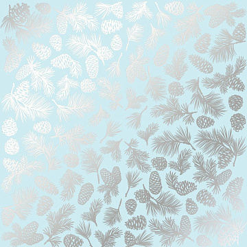 Sheet of single-sided paper embossed with silver foil, pattern Silver Pine cones Blue 12"x12" 